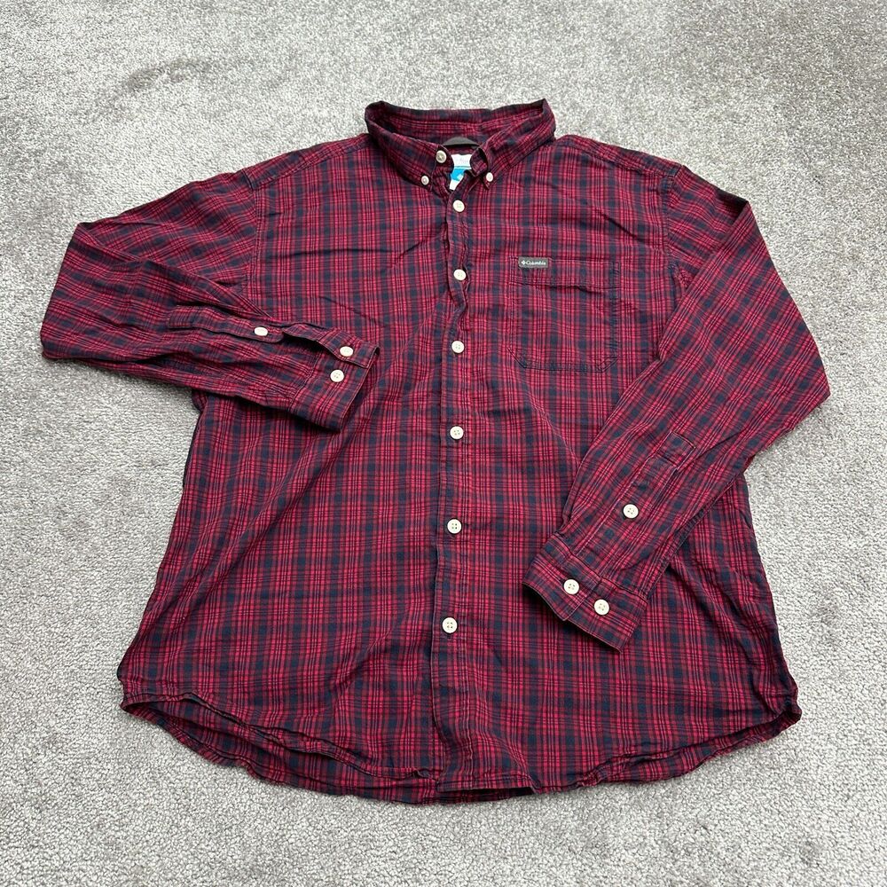 Columbia Shirt Mens XL Red Plaid Long Sleeve Button Down Casual Outdoor Cotton